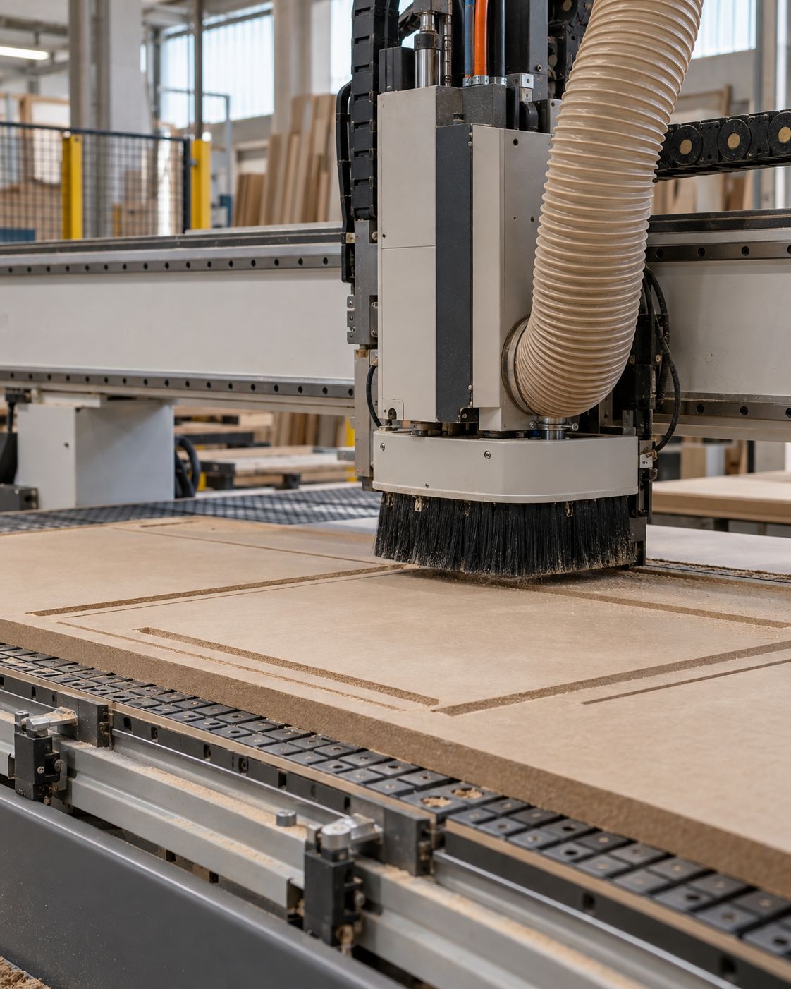 Centro de usinagem CNC cortando uma chapa de madeira