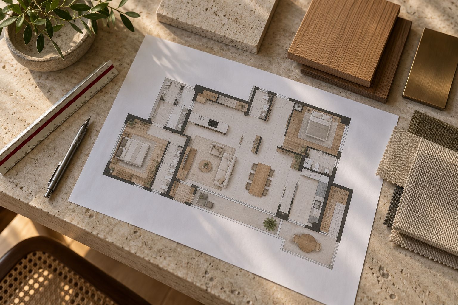 Planta baixa impressa sobre a mesa, com escalímetro e amostras de material